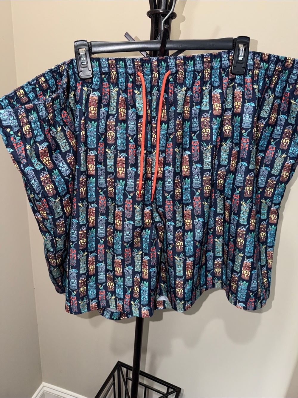 Caribbean Men’s Navy Swim Trunks with Multicolor Tiki Print